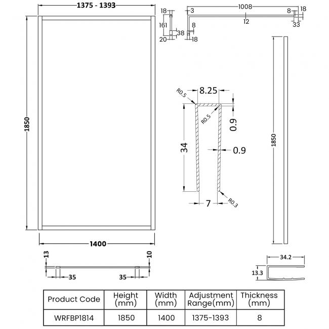 Nuie Full Outer Framed Wetroom Screen 1400mm W x 1850mm H with Support Bar 8mm Glass - Matt Black  | Dimension Image
