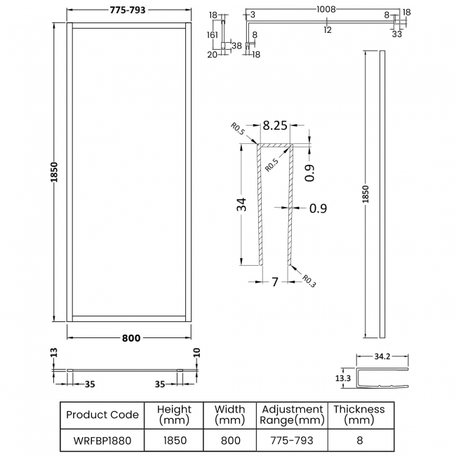 Nuie Full Outer Framed Wetroom Screen 800mm W x 1850mm H with Support Bar 8mm Glass - Matt Black