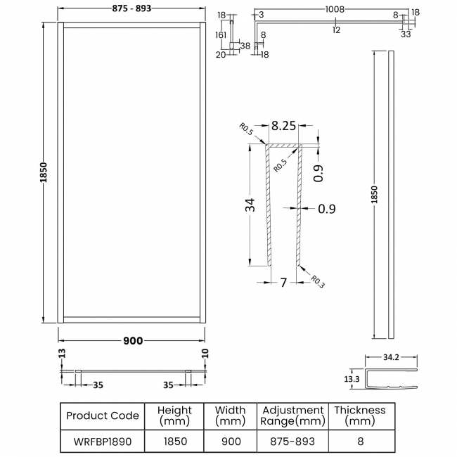 Nuie Full Outer Framed Wetroom Screen 900mm W x 1850mm H with Support Bar 8mm Glass - Matt Black  | Dimension Image