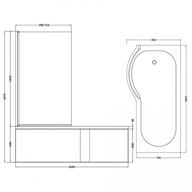 Nuie P-Shaped Shower Bath with Front Panel and Screen 1700mm x 700mm/850mm - Left Handed