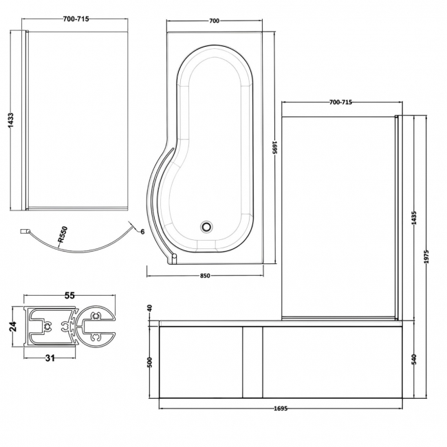 Nuie P-Shaped Shower Bath with Front Panel and Screen 1700mm x 700mm/850mm - Right Handed