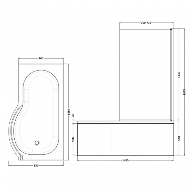 Nuie P-Shaped Shower Bath with Front Panel and Screen 1500mm x 700mm/850mm - Right Handed