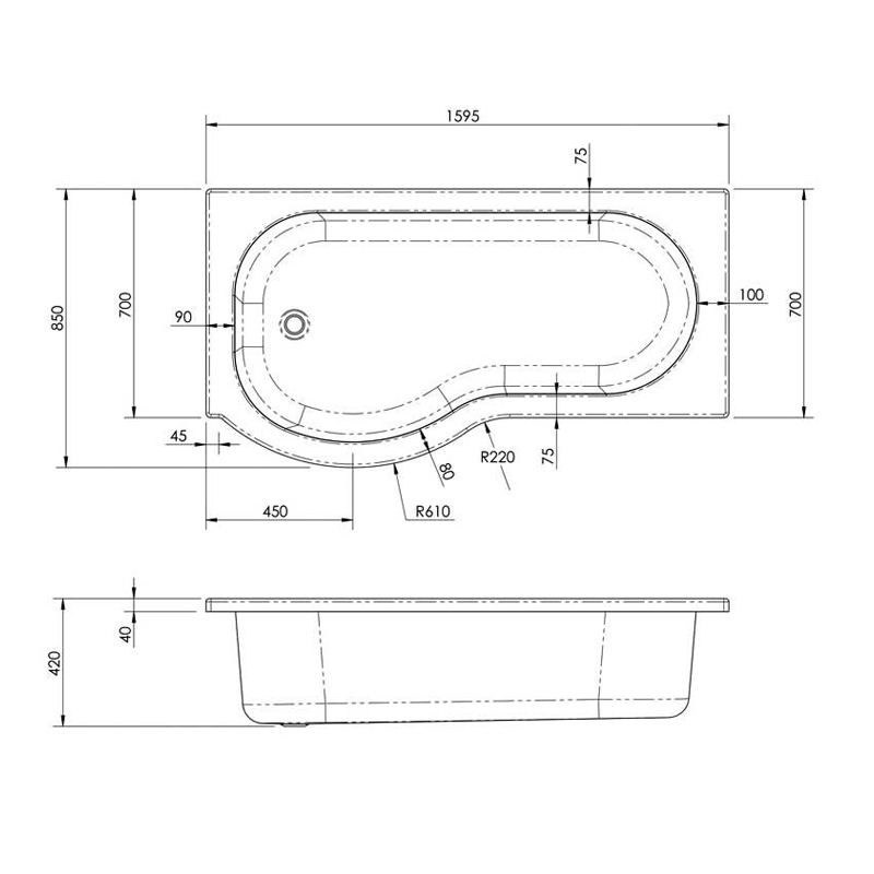 Nuie P-Shaped Bath | WBP1685R | 1600mm x 700 - 850mm | Acrylic