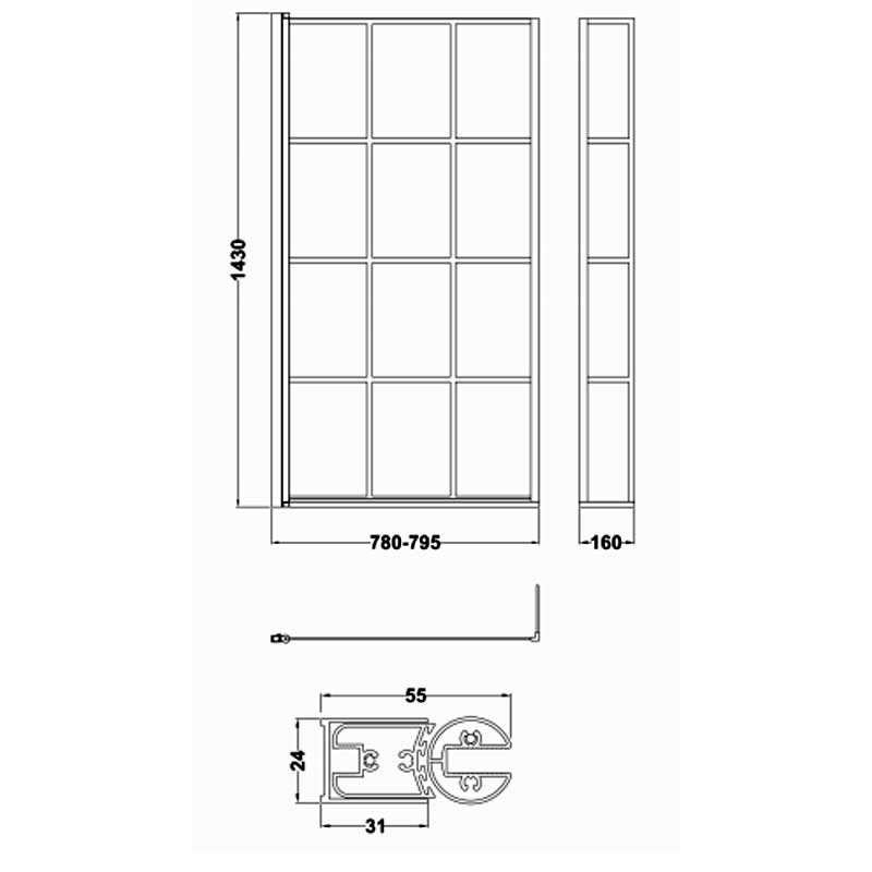 Nuie Pacific Square Matt Black Framed Bath Screen with Fixed Return Panel 1430mm H x 795mm W - 6mm Glass