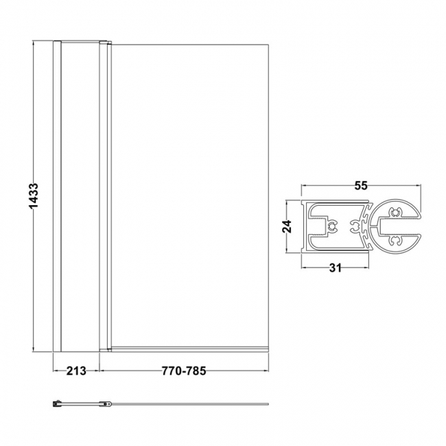 Nuie Pacific Square Hinged Bath Screen with Fixed Panel 1435mm H x 1005mm W - 6mm Glass