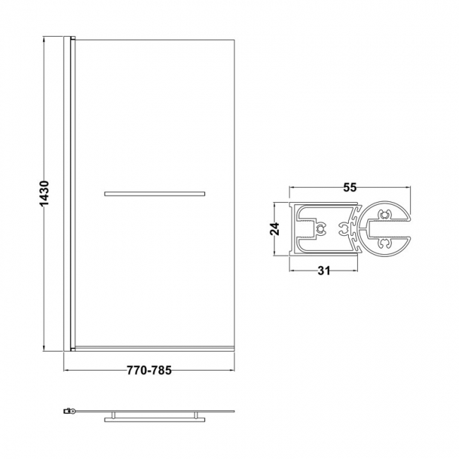 Nuie Pacific Square Hinged Bath Screen with Towel Bar 1430mm H x 790mm W - 6mm Glass