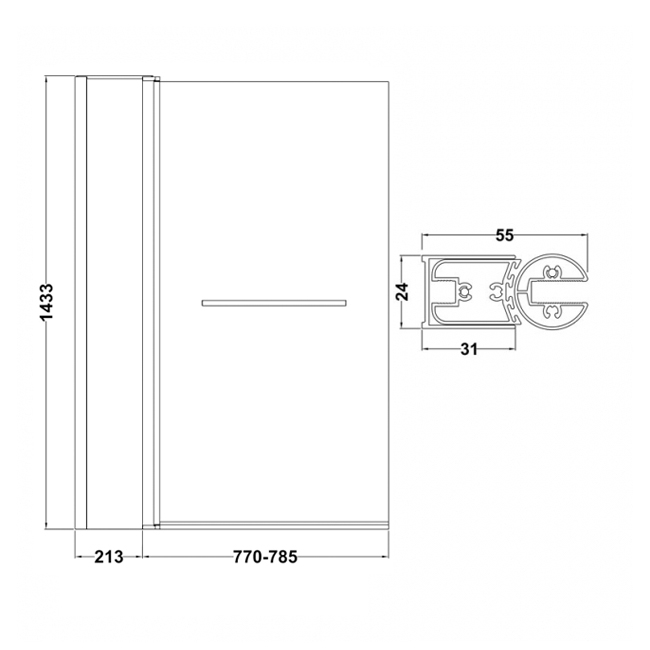 Nuie Pacific Square Hinged Bath Screen with Fixed Panel and Towel Bar 1433mm H x 998mm W - 6mm Glass