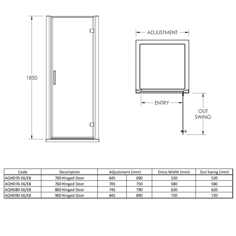 Nuie Pacific Hinged Shower Door AQHD80 800mm Polished/Clear