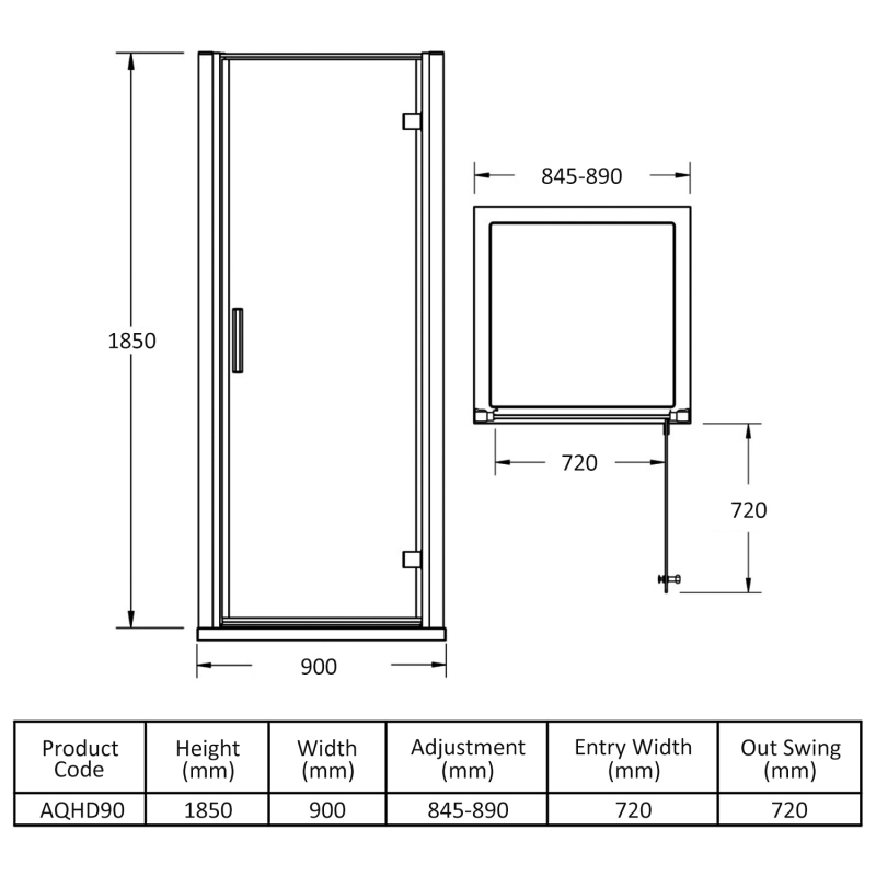 Hudson Reed Pacific Hinged Shower Door 900mm Wide - 6mm Glass