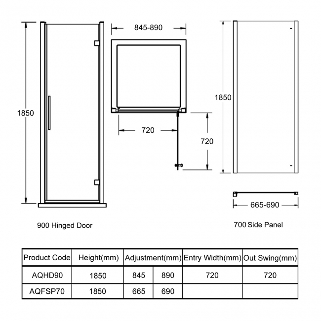 Nuie Pacific Hinged Door Rectangular Shower Enclosure 900mm x 700mm - 6mm Glass