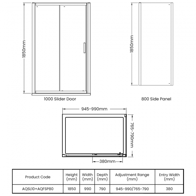 Hudson Reed Pacific Sliding Door Rectangular Shower Enclosure 1000mm x 800mm - 6mm Glass  | Dimension Image