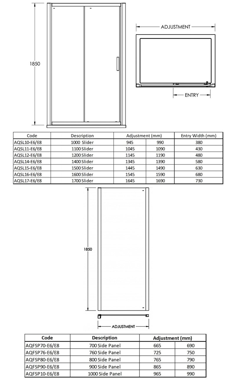 Nuie Pacific Sliding Shower Enclosure 1100mm x 800mm Excluding Tray - 6mm Glass