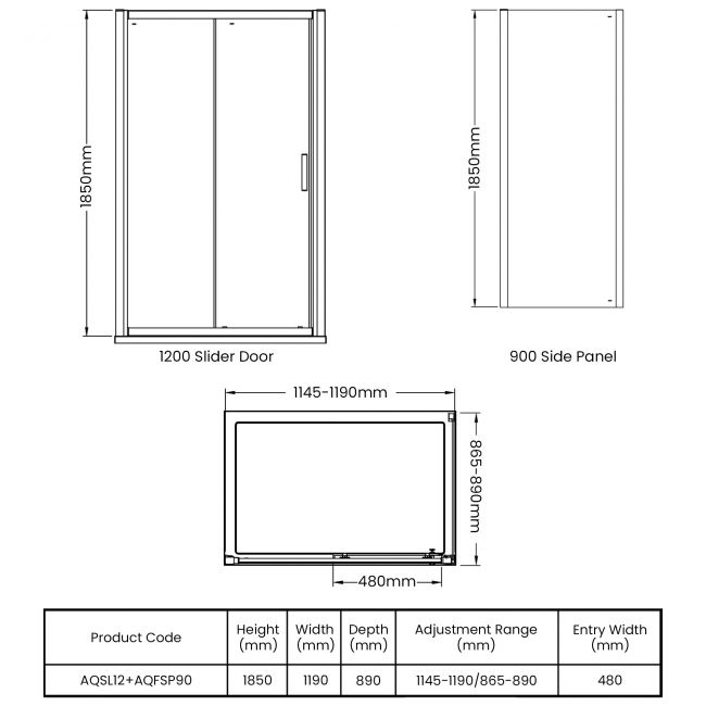 Hudson Reed Pacific Sliding Door Rectangular Shower Enclosure 1200mm x 900mm - 6mm Glass  | Dimension Image
