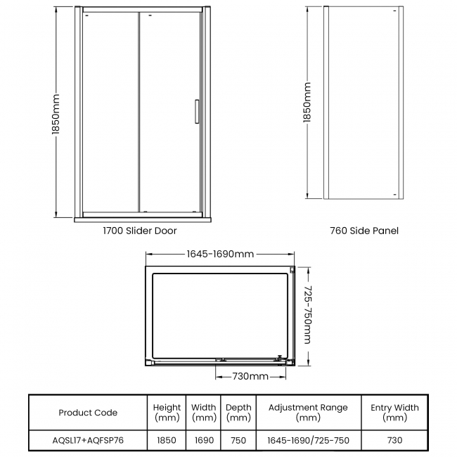 Hudson Reed Pacific Sliding Door Rectangular Shower Enclosure 1700mm x 760mm - 6mm Glass  | Dimension Image