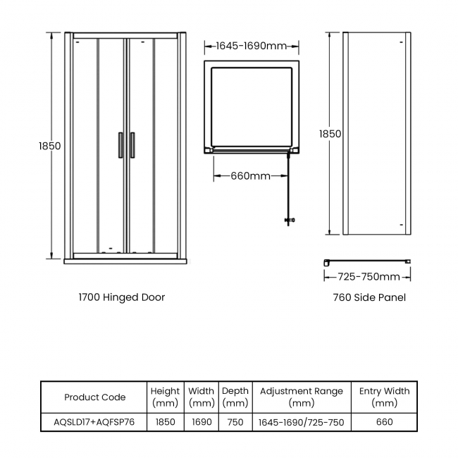 Hudson Reed Pacific Double Sliding Door Rectangular Shower Enclosure 1700mm x 760mm - 6mm Glass  | Dimension Image