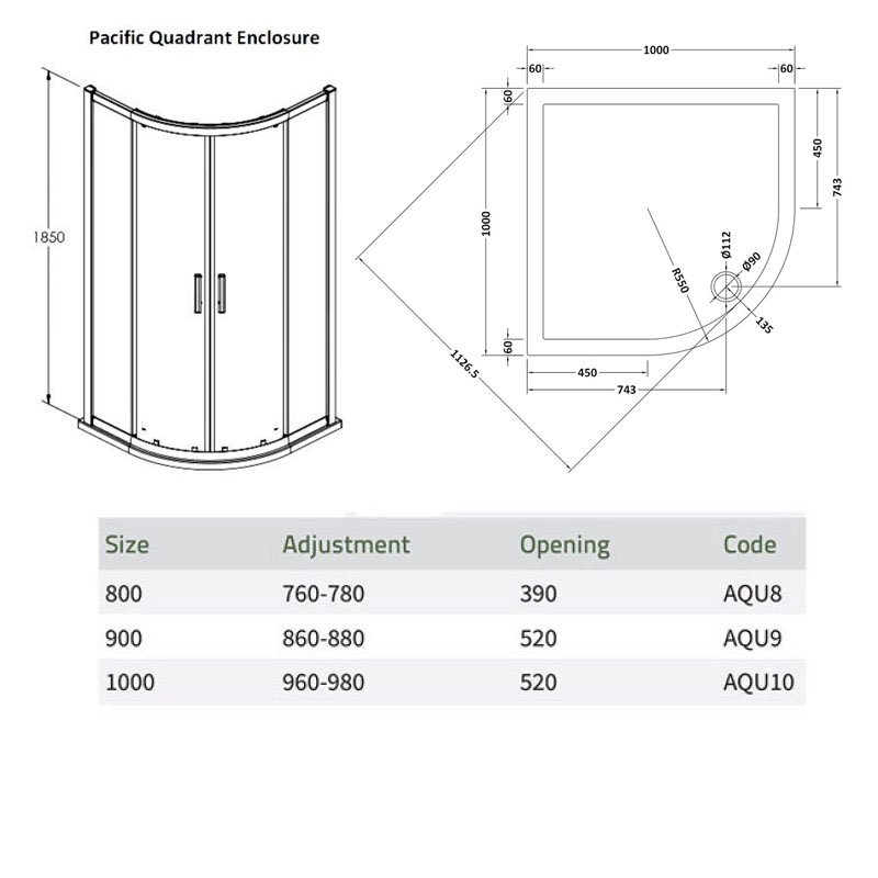 Nuie Pacific Quadrant Shower Enclosure with Tray 1000mm x 1000mm - 6mm Glass