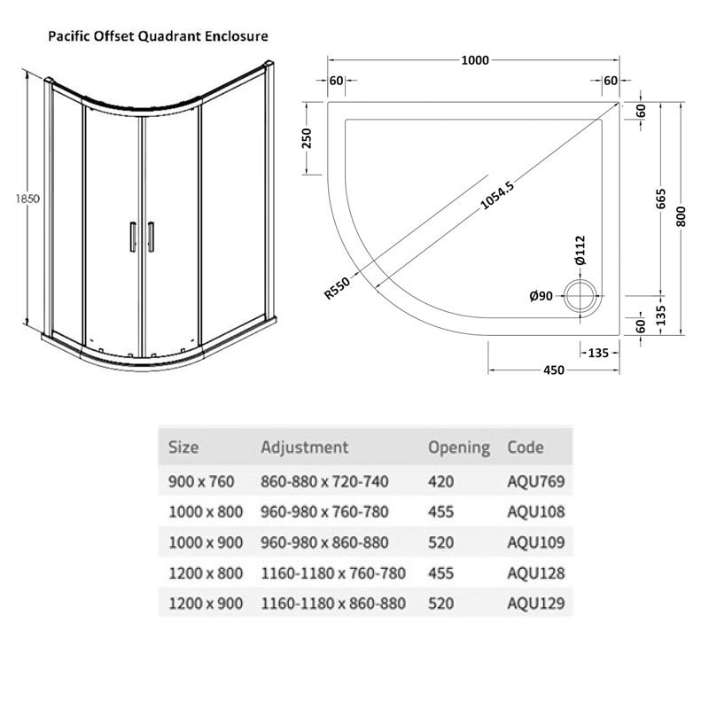 Nuie Pacific Offset Quadrant Shower Enclosure 1000mm x 800mm with Tray LH - 6mm Glass