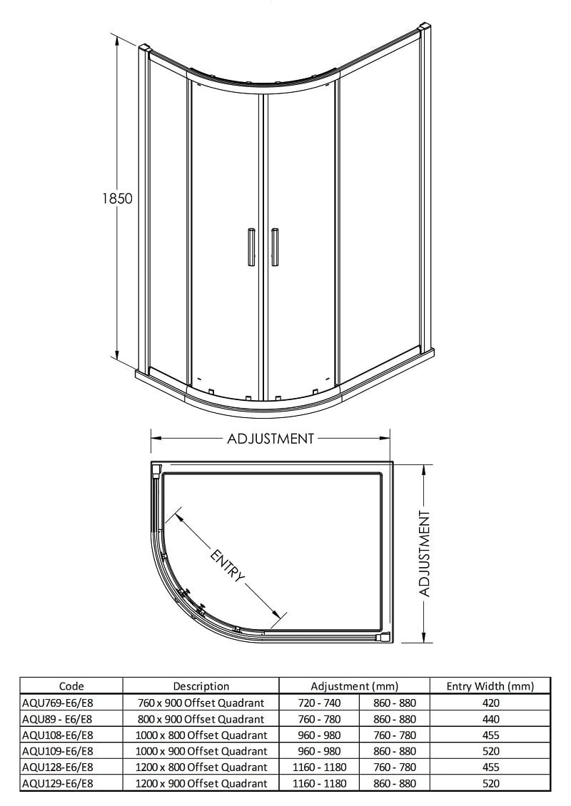 Nuie Pacific Offset Quadrant Shower Enclosure 1000mm x 800mm - 6mm Glass