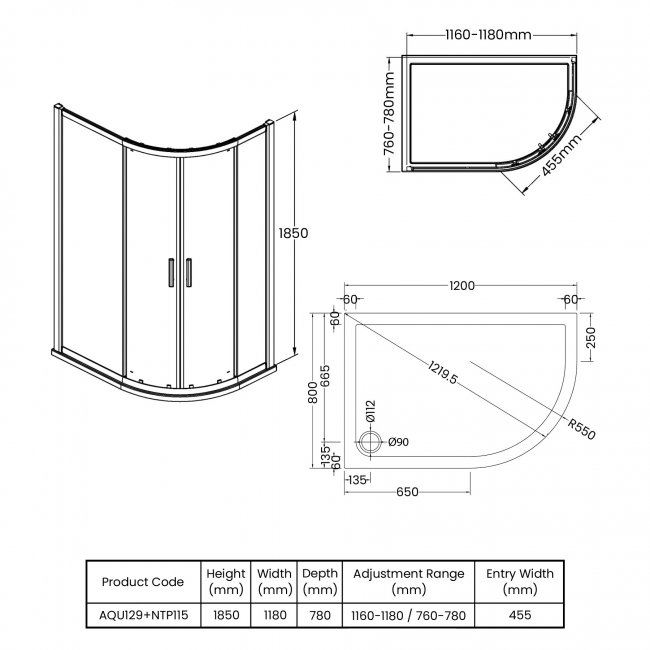 Hudson Reed Pacific Offset Quadrant Shower Enclosure 1200mm x 800mm with Tray RH - 6mm Glass