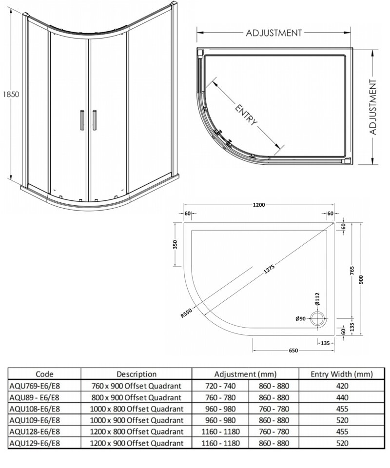 Nuie Pacific Offset Quadrant Shower Enclosure 1200mm x 900mm with Tray LH - 6mm Glass
