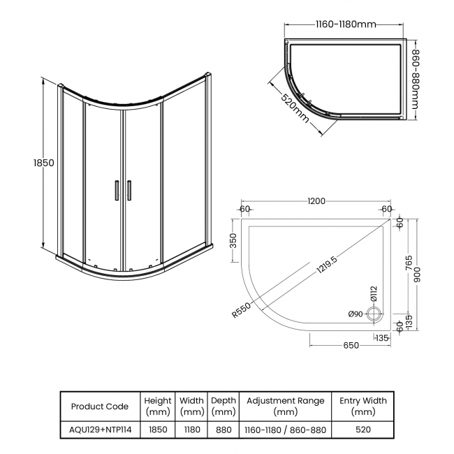 Hudson Reed Pacific Offset Quadrant Shower Enclosure 1200mm x 900mm with Tray LH - 6mm Glass
