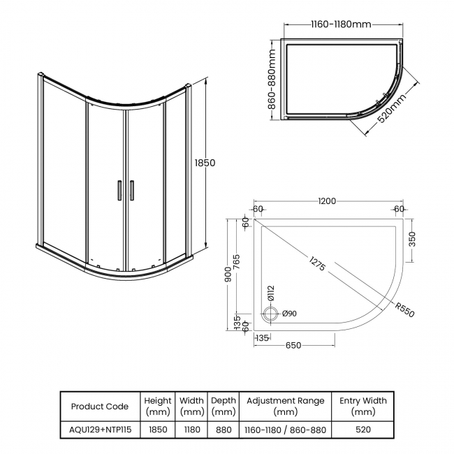 Hudson Reed Pacific Offset Quadrant Shower Enclosure 1200mm x 900mm with Tray RH - 6mm Glass  | Dimension Image