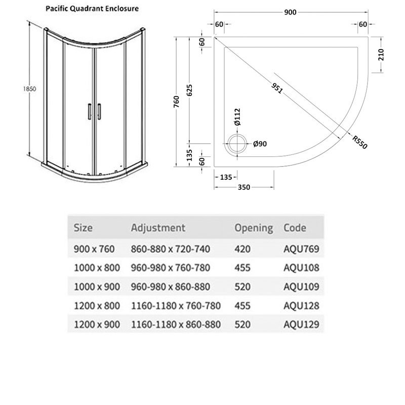 Nuie Pacific Offset Quadrant Shower Enclosure 900x760mm AQU769