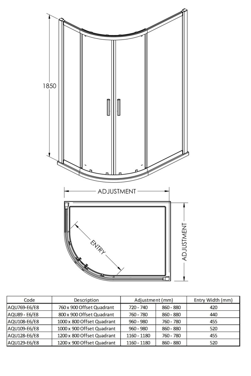 Nuie Pacific Offset Quadrant Shower Enclosure with Round Handle 1000mm x 900mm - 6mm Glass