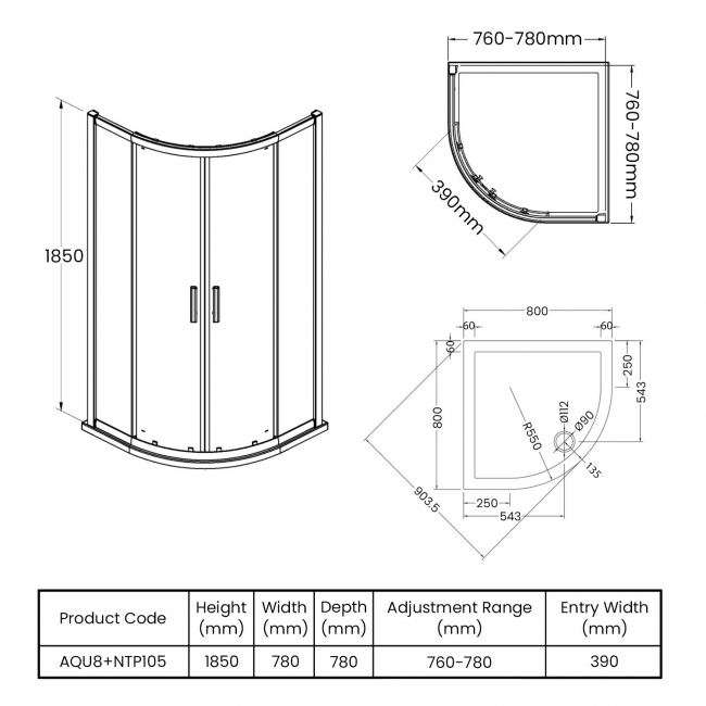 Hudson Reed Pacific Quadrant Shower Enclosure with Tray 800mm x 800mm - 6mm Glass  | Dimension Image