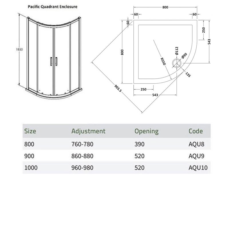 Nuie Pacific Quadrant Shower Enclosure with Tray 800mm x 800mm - 6mm Glass