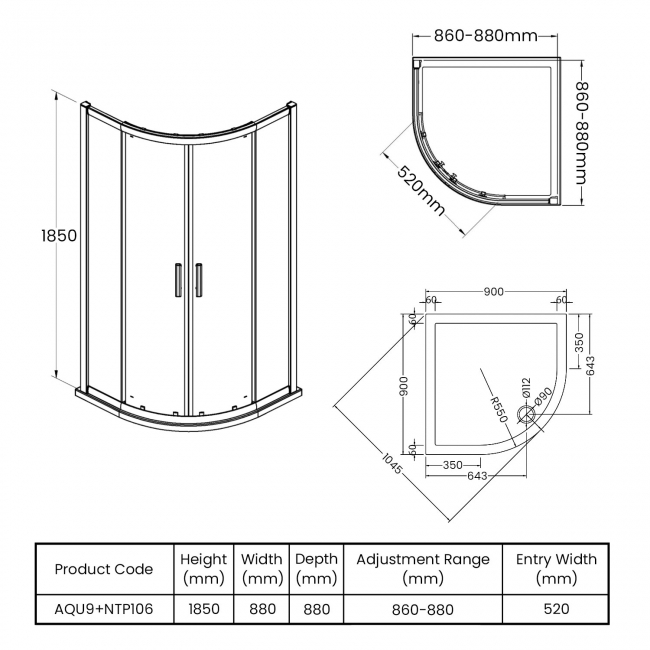 Hudson Reed Pacific Quadrant Shower Enclosure with Tray 900mm x 900mm - 6mm Glass  | Dimension Image