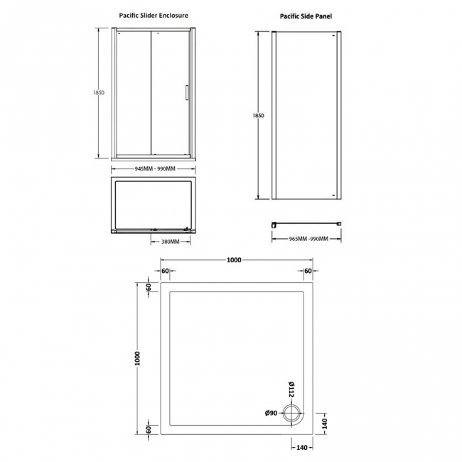 Nuie Pacific Sliding Door Square Shower Enclosure 1000mm x 1000mm with Tray - 6mm Glass