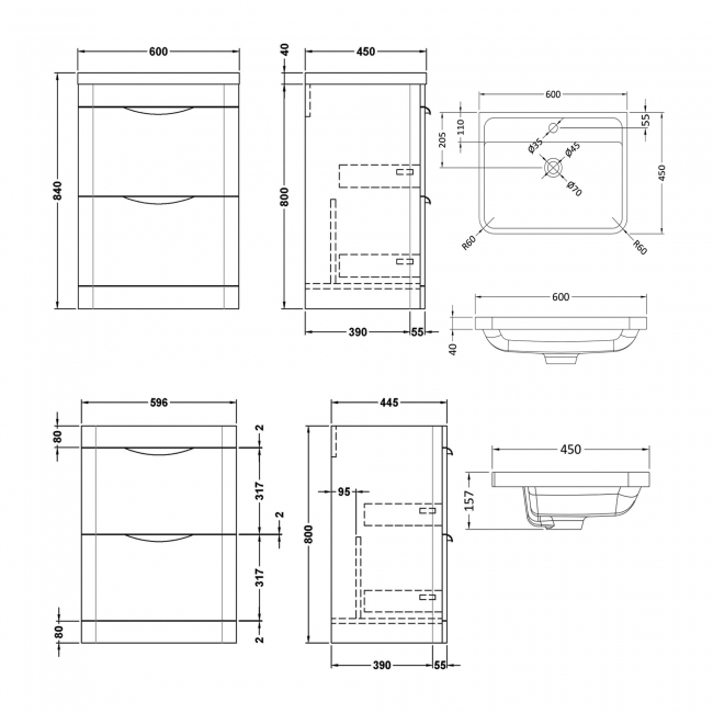 Nuie Parade Floor Standing 2-Drawer Vanity Unit with Polymarble Basin 600mm Wide - Satin Green