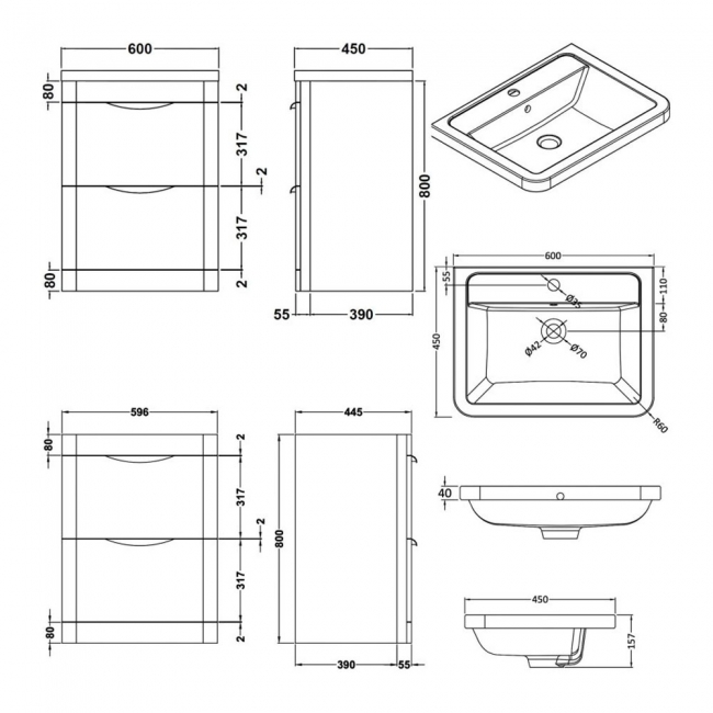 Nuie Parade Floor Standing 2-Drawer Vanity Unit with Ceramic Basin 600mm Wide - Satin Anthracite