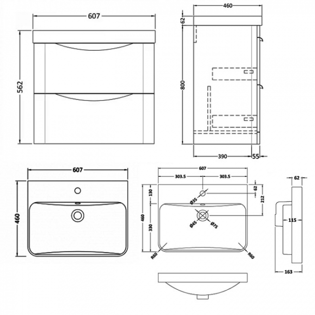 Nuie Parade Wall Hung 2-Drawer Vanity Unit with 1TH Thin-Edged Basin 600mm Wide - Gloss White  | Dimension Image