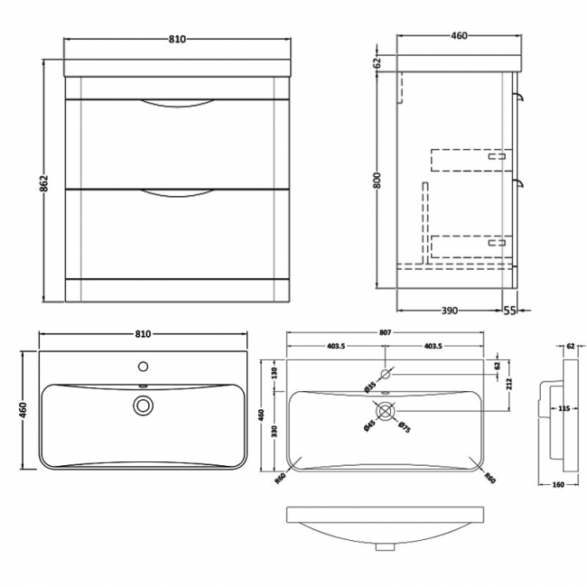 Nuie Parade Floor Standing 2-Drawer Vanity Unit with 1TH Thin-Edged Basin 800mm Wide - Soft Black  | Dimension Image