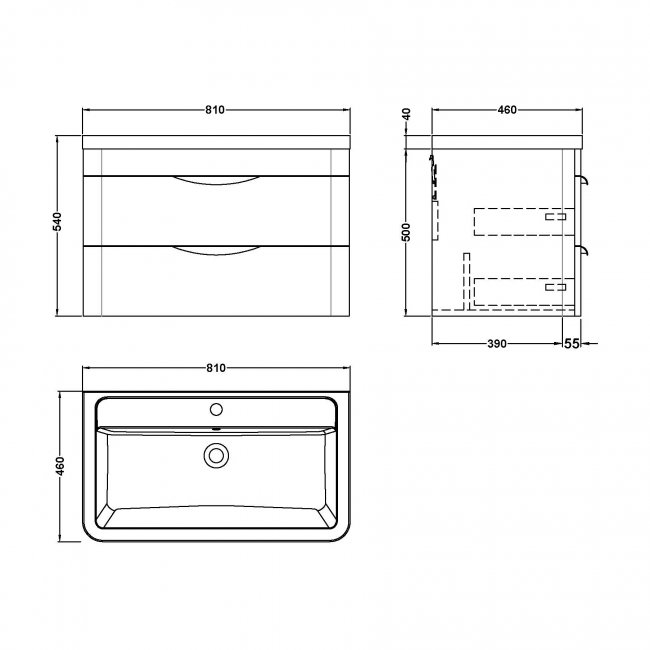 Nuie Parade Wall Hung 2-Drawer Vanity Unit with Ceramic Basin 800mm Wide - White Gloss
