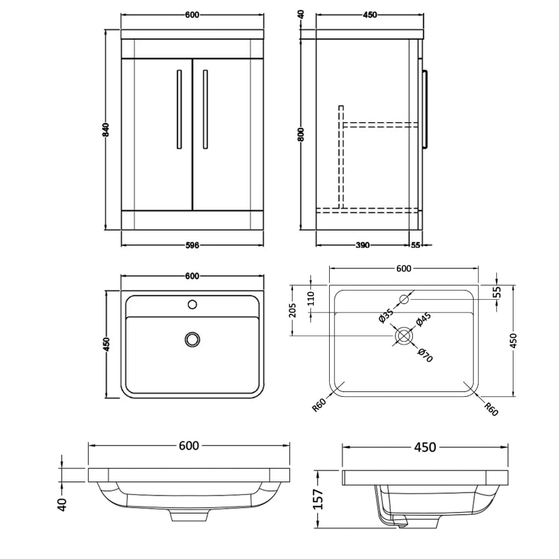 Nuie Parade Floor Standing 2-Door Vanity Unit with Polymarble Basin 600mm Wide - Satin Anthracite