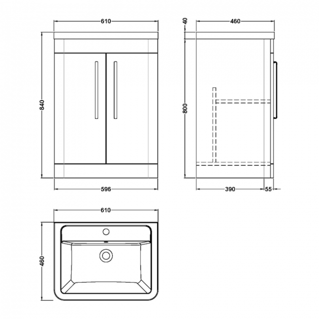 Nuie Parade Floor Standing 2-Door Vanity Unit with Ceramic Basin 600mm Wide - Gloss White