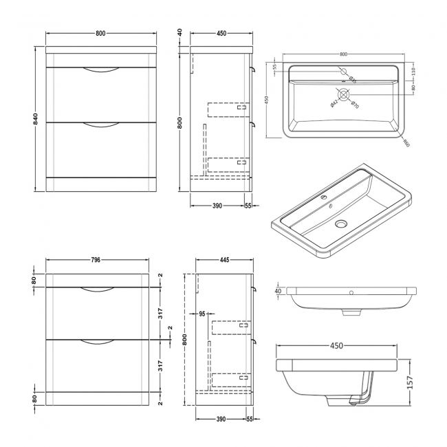 Nuie Parade Floor Standing 2-Drawer Vanity Unit with Ceramic Basin 800mm Wide - Satin Green