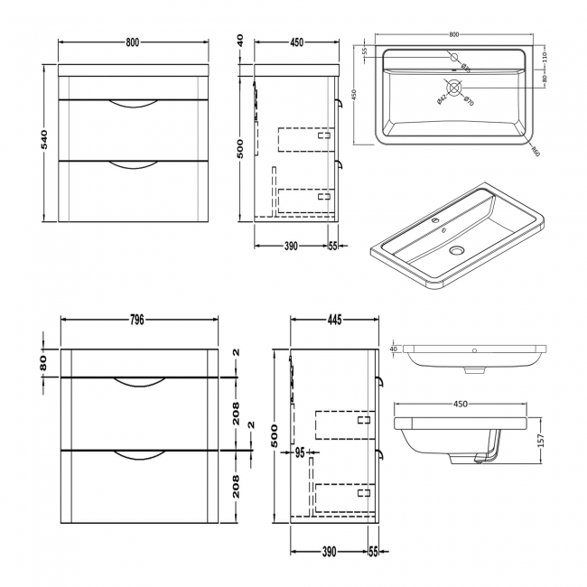 Nuie Parade Wall Hung 2-Drawer Vanity Unit with Ceramic Basin 800mm Wide - Satin Anthracite
