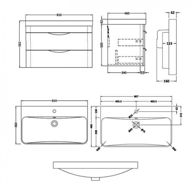 Nuie Parade Wall Hung 2-Drawer Vanity Unit with 1TH Thin-Edged Basin 800mm Wide - Soft Black  | Dimension Image