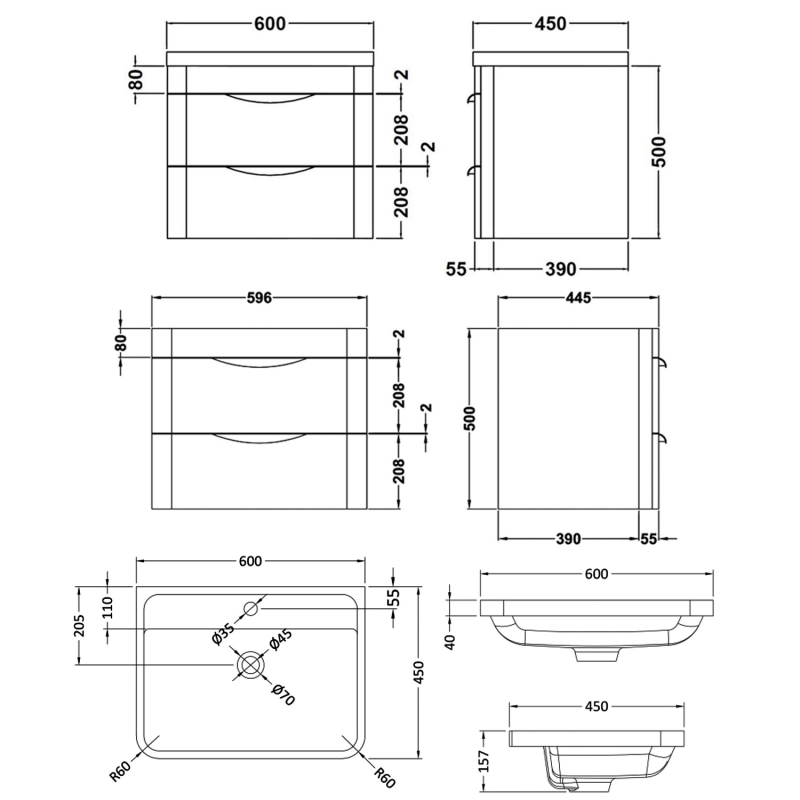 Nuie Parade Wall Hung 2-Drawer Vanity Unit with Polymarble Basin 600mm Wide - Satin Anthracite