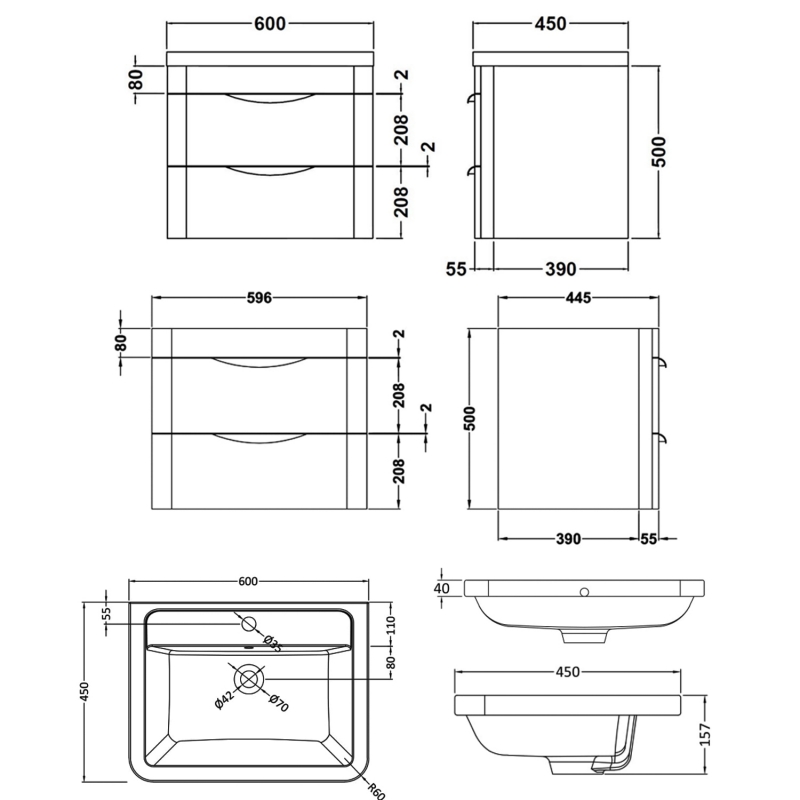 Nuie Parade Wall Hung 2-Drawer Vanity Unit with Ceramic Basin 600mm Wide - Satin Green