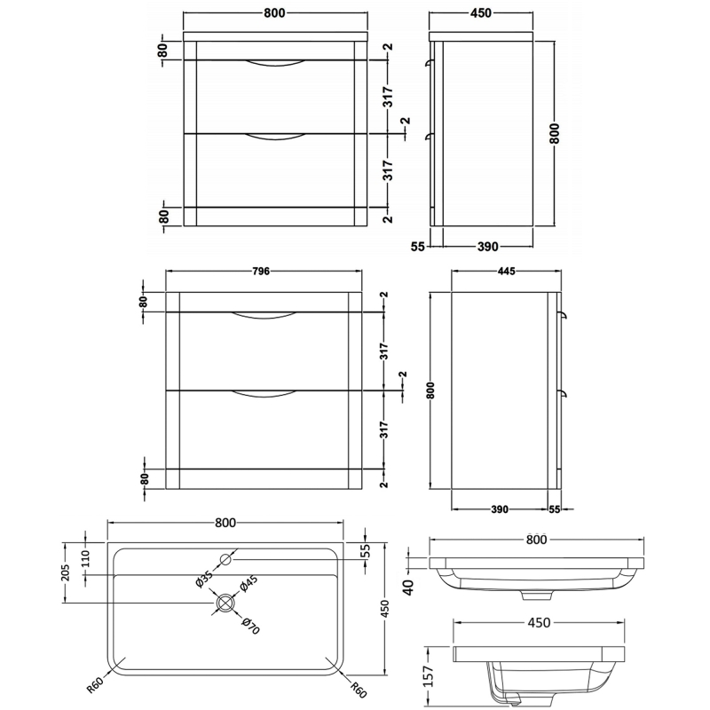 Nuie Parade Floor Standing 2-Drawer Vanity Unit with Polymarble Basin 800mm Wide - Satin Anthracite