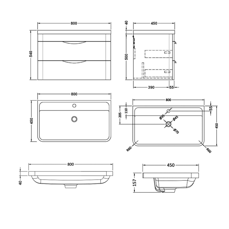 Nuie Parade Wall Hung 2-Drawer Vanity Unit with Polymarble Basin 800mm Wide - Satin Anthracite