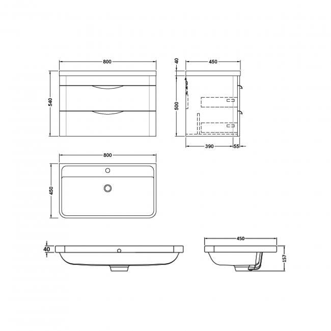Nuie Parade Wall Hung 2-Drawer Vanity Unit with Ceramic Basin 800mm Wide - Satin Green