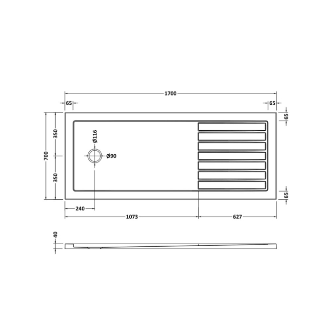Nuie Pearlstone Slip Resistant Walk In Rectangular Shower Tray 1700mm x 700mm  | Dimension Image