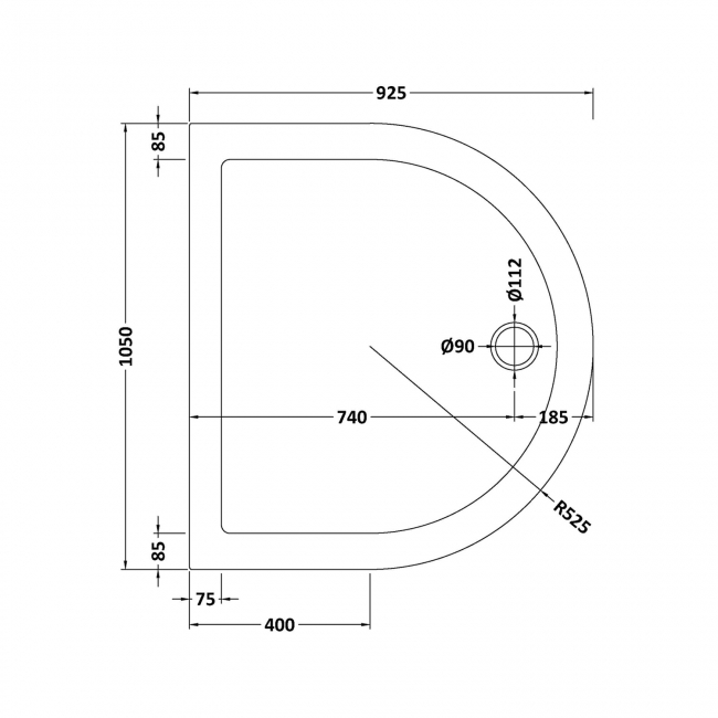 Nuie Pearlstone White Bespoke D-Shaped Shower Tray 1050mm x 925mm