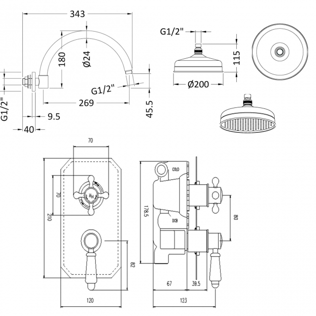 Nuie Pioneer Traditional Twin Concealed Shower Valve with Fixed Shower Head and Curved Arm - Chrome  | Dimension Image